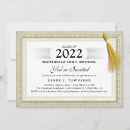 Gold Border Tassel Diploma Graduit Party Invit Kaart