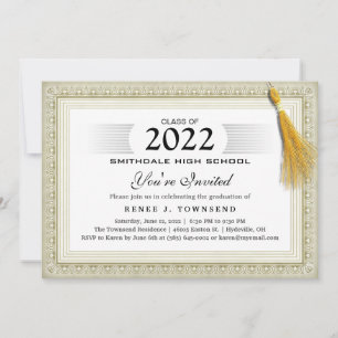 Gold Border Tassel Diploma Graduit Party Invit Kaart