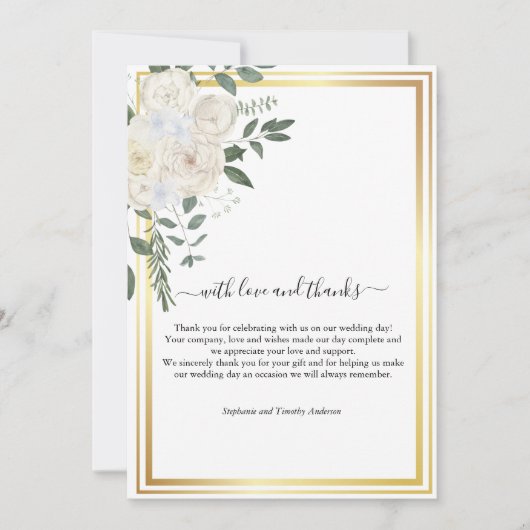 Gold Border White Roses Greenery Wedding Bedankkaart (Voorkant)