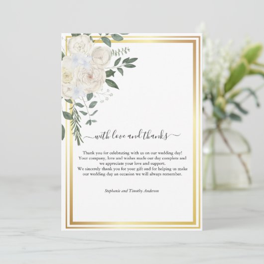 Gold Border White Roses Greenery Wedding Bedankkaart (Staand voorkant)