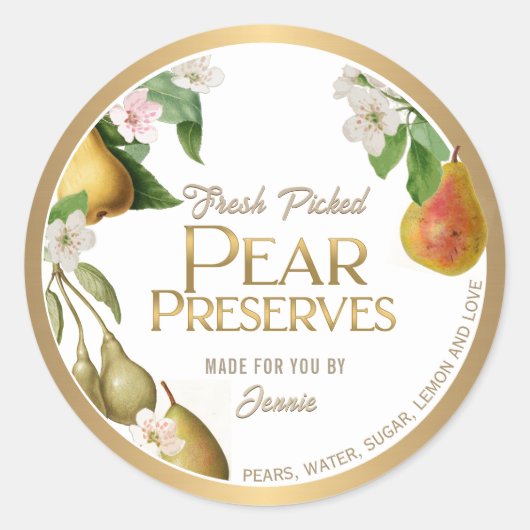 Gold Bordered Homemade Pear Jam behoudt klassieke  Ronde Sticker (Voorkant)