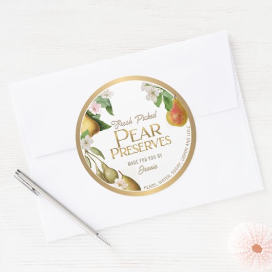 Gold Bordered Homemade Pear Jam behoudt klassieke  Ronde Sticker (Envelop)