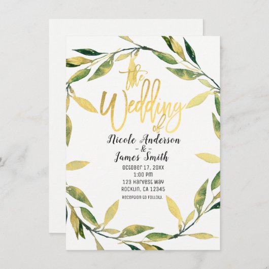 Gold Botanical Green Leaf Wreath Modern Wedding Kaart (Voorkant / Achterkant)