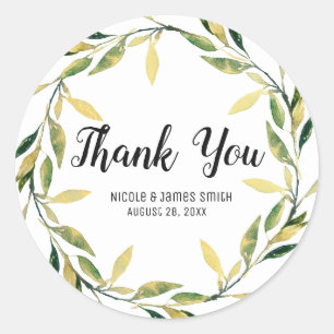 Gold Botanical Green Leaf Wreath Rustic Wedding Ronde Sticker