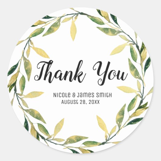 Gold Botanical Green Leaf Wreath Rustic Wedding Ronde Sticker (Voorkant)