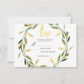 Gold Botanical Green Leaf Wreatn Modern RSVP Antwo (Voorkant)