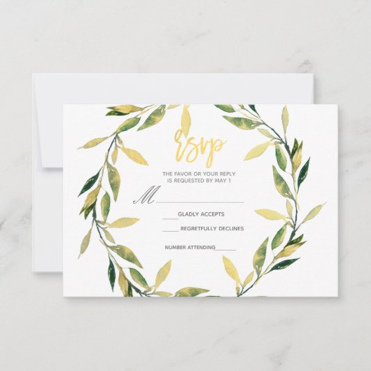 Gold Botanical Green Leaf Wreatn Modern RSVP Antwo (Voorkant)