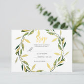 Gold Botanical Green Leaf Wreatn Modern RSVP Antwo (Staand voorkant)