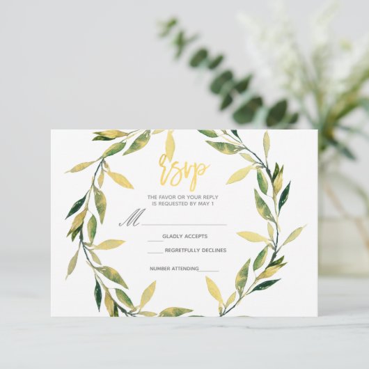 Gold Botanical Green Leaf Wreatn Modern RSVP Antwo (Staand voorkant)