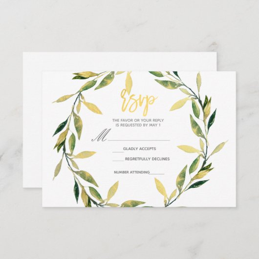 Gold Botanical Green Leaf Wreatn Modern RSVP Antwo (Voorkant / Achterkant)