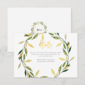 Gold Botanical Green Leaf Wreator Wedding Details Informatiekaartje (Voorkant / Achterkant)