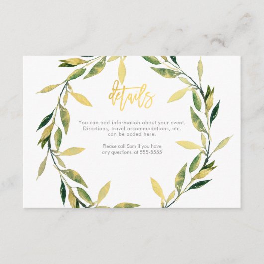 Gold Botanical Green Leaf Wreator Wedding Details Informatiekaartje (Voorkant)