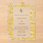 Gold botanical monogram clear luxury wedding acryl uitnodigingen (Voorkant)