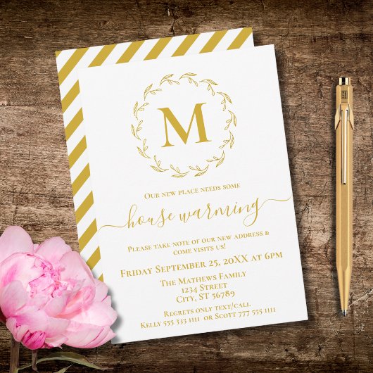 Gold Botanical Monogram Huisverwarming Uitnodiging