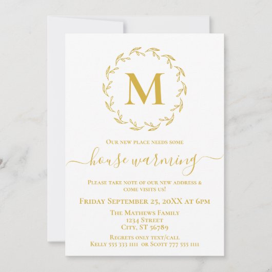 Gold Botanical Monogram Huisverwarming Uitnodiging (Voorkant)