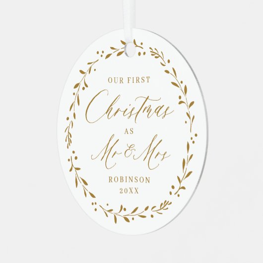 Gold Botanical Mr & Mrs. Our First Kerstmis Metalen Ornament (Voorkant links)