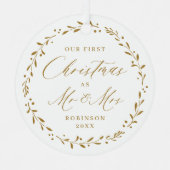 Gold Botanical Mr & Mrs. Our First Kerstmis Metalen Ornament (Voorkant)