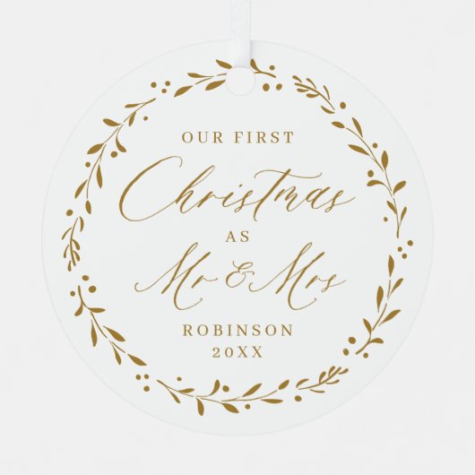 Gold Botanical Mr & Mrs. Our First Kerstmis Metalen Ornament (Voorkant)