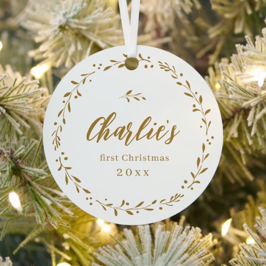 Gold Botanical Personalised Baby's Eerste Kerstmis Metalen Ornament (Insitu)