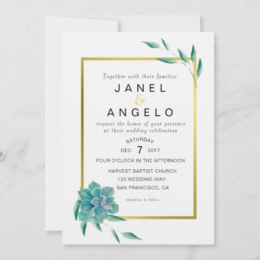 Gold Botanical Succulent Wedding-uitnodiging Kaart (Voorkant)