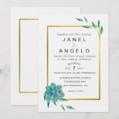 Gold Botanical Succulent Wedding-uitnodiging Kaart (Voorkant / Achterkant)