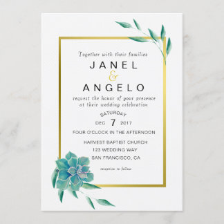 Gold Botanical Succulent Wedding-uitnodiging Kaart