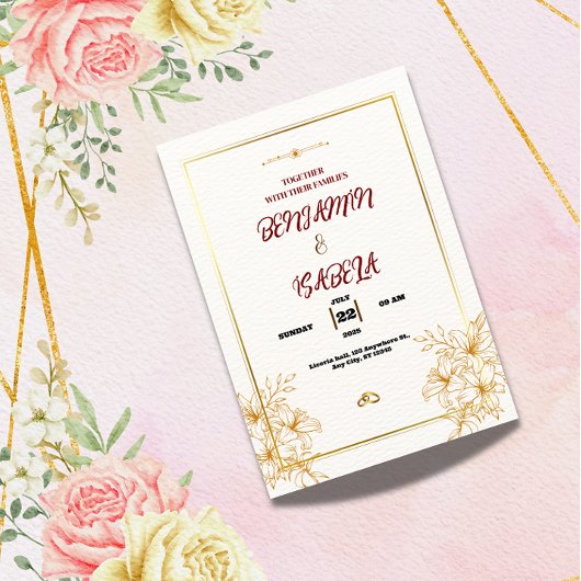 Gold Botanical Wedding invitation  Kaart