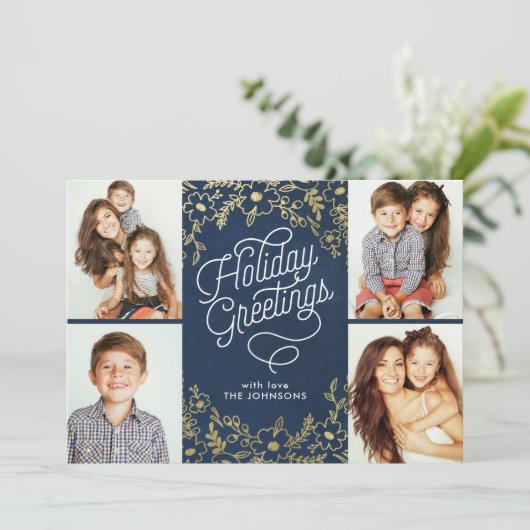 Gold Botanicals Holiday Greetings 4-Foto Feestdagenkaart (Staand voorkant)