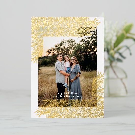 Gold Botanische Lijst met hand getekende kerstfoto Folie Feestdagenkaart (Staand Voorkant)
