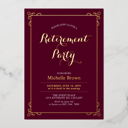 Gold & Bourgogne Elegant Classy Retirement Party Folie Uitnodiging (Voorkant)