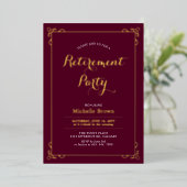 Gold & Bourgogne Elegant Classy Retirement Party Folie Uitnodiging (Staand Voorkant)