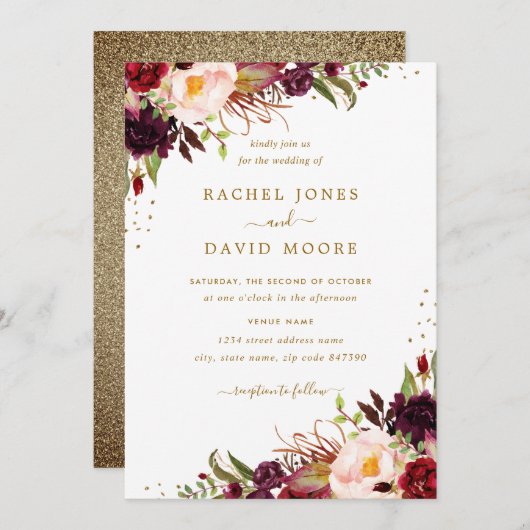 Gold Bourgondië Bloemen Waterverf bruiloft Uitnodi Kaart (Voorkant / Achterkant)