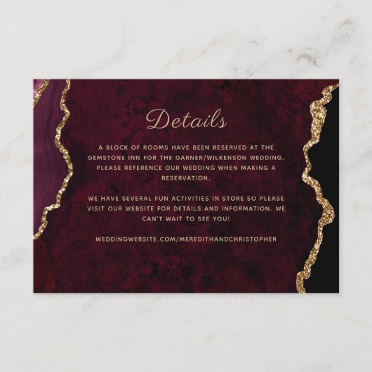 Gold Bourgondische Agaat Wedding Details Informatiekaartje (Voorkant)