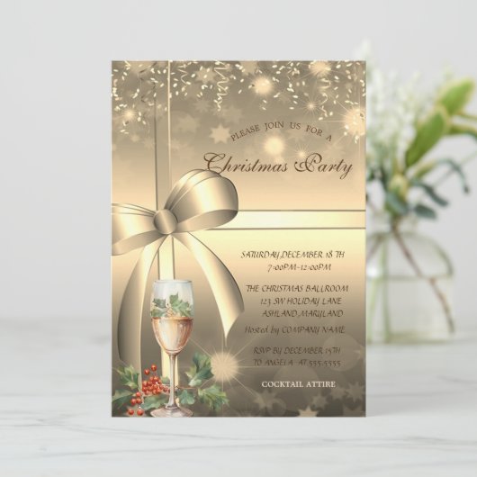 Gold Bow, Champagne Berry Company Kerst Kaart (Staand voorkant)