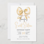 Gold Bow Coquette Schattige Script Sweet 16 Party Kaart (Voorkant)