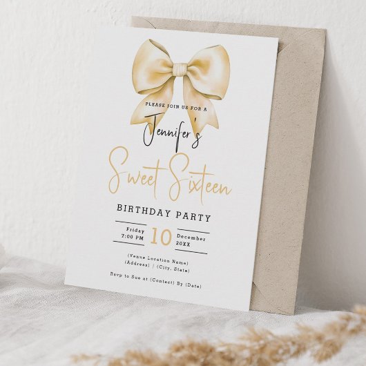 Gold Bow Coquette Schattige Script Sweet 16 Party Kaart