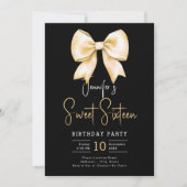 Gold Bow Coquette Script Sweet 16 Party Zwart Kaart (Voorkant)