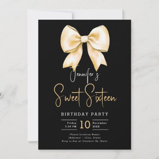 Gold Bow Coquette Script Sweet 16 Party Zwart Kaart (Voorkant)
