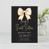 Gold Bow Coquette Script Sweet 16 Party Zwart Kaart (Staand voorkant)