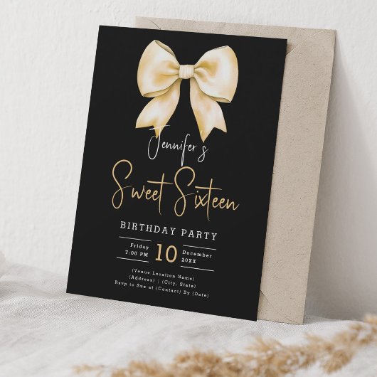Gold Bow Coquette Script Sweet 16 Party Zwart Kaart