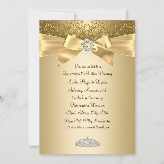 Gold Bow en Tiara Quinceanera Kaart (Achterkant)