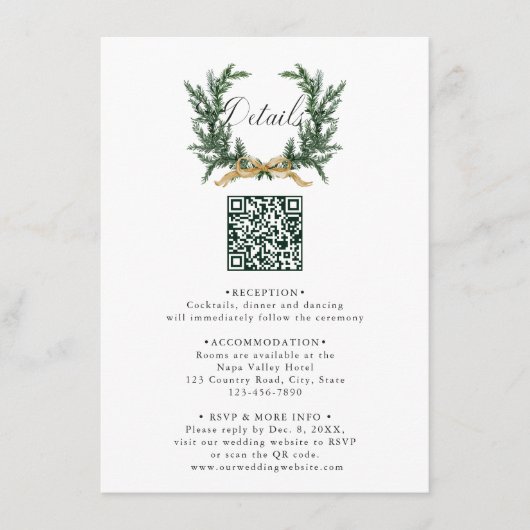 Gold Bow & Evergreen Pine Wreath Wedding Details Informatiekaartje (Voorkant)