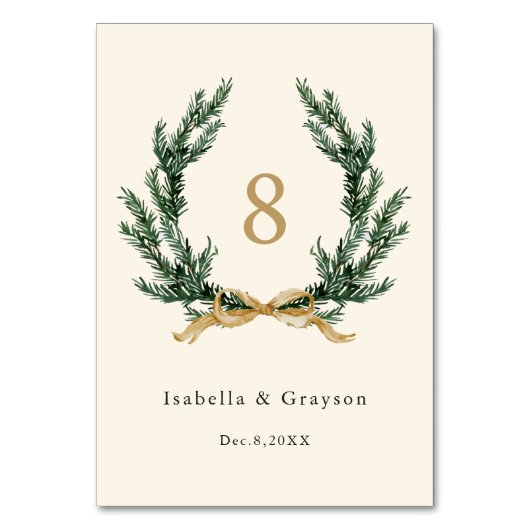 Gold Bow & Evergreen Pine Wreath Wedding Ivory Kaart (Voorkant)