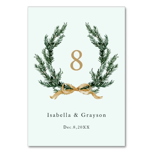 Gold Bow & Evergreen Pine Wreath Wedding Mint Kaart (Achterkant)
