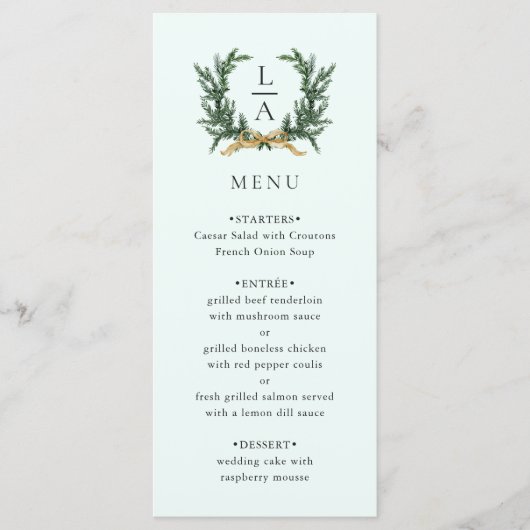 Gold Bow & Evergreen Wreath Mint Wedding Menu (Voorkant)