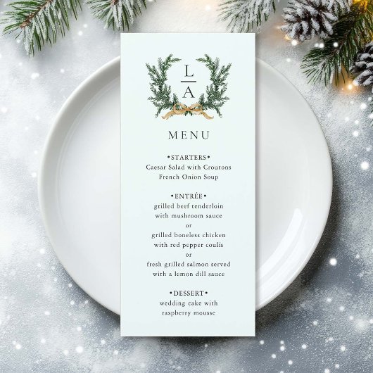 Gold Bow & Evergreen Wreath Mint Wedding Menu