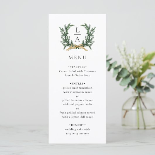 Gold Bow & Evergreen Wreath Wedding Menu (Staand voorkant)