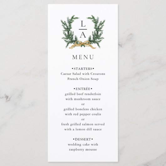 Gold Bow & Evergreen Wreath Wedding Menu (Voorkant)