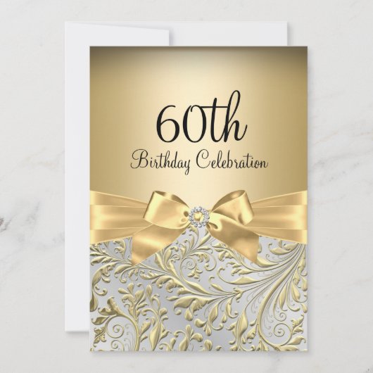 Gold Bow Floral Swirl 60th Birthday Party Kaart (Voorkant)