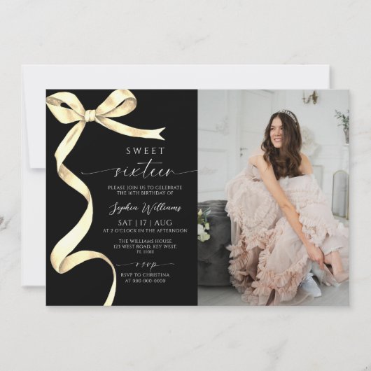 Gold Bow Foto Sweet 16 Verjaardag Uitnodiging (Voorkant)
